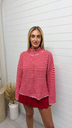 Stripe Zip Woollen Jacket  - RED/PINK