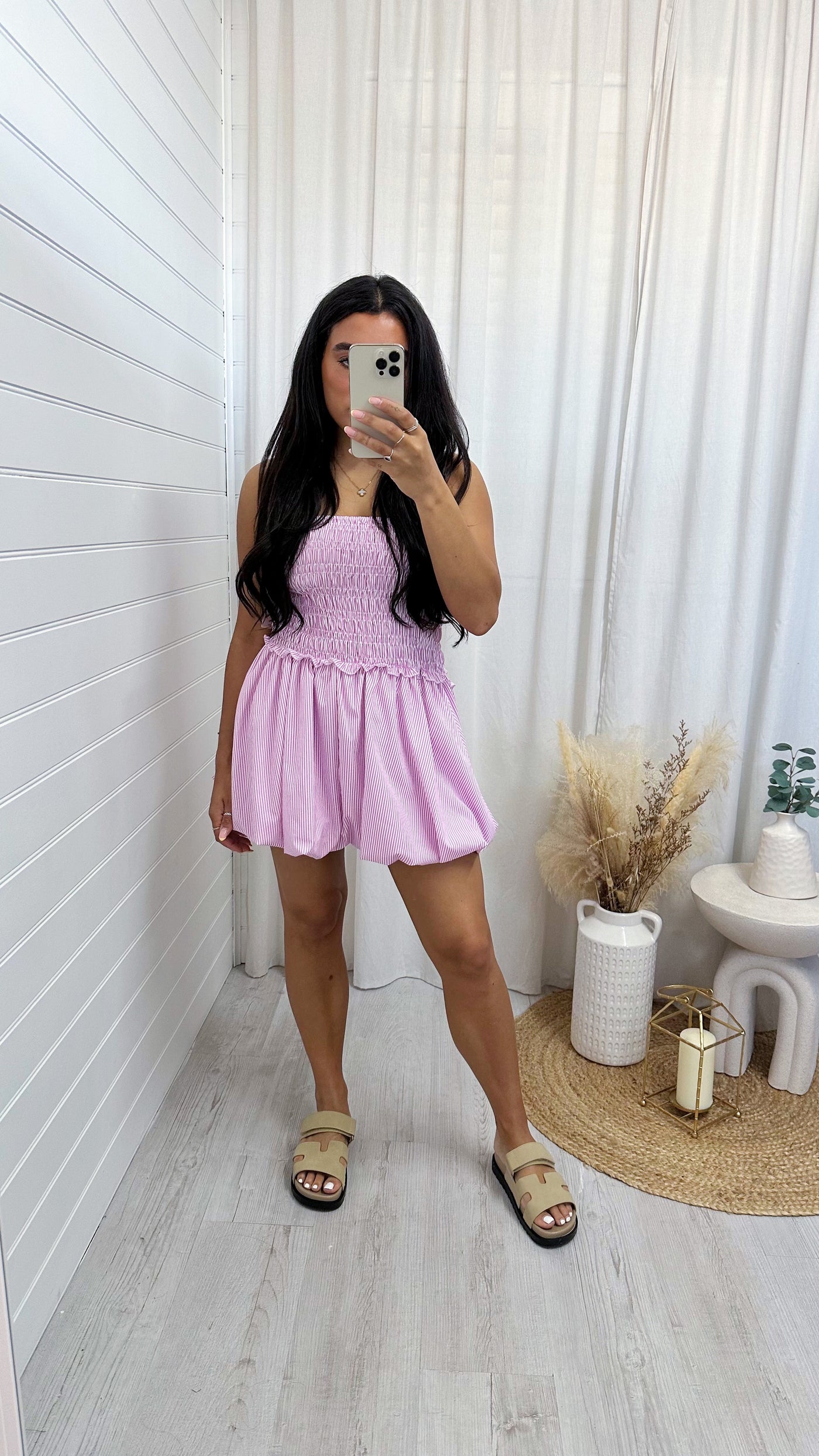 Pinstripe Puff Ball Shirred Dress - PINK