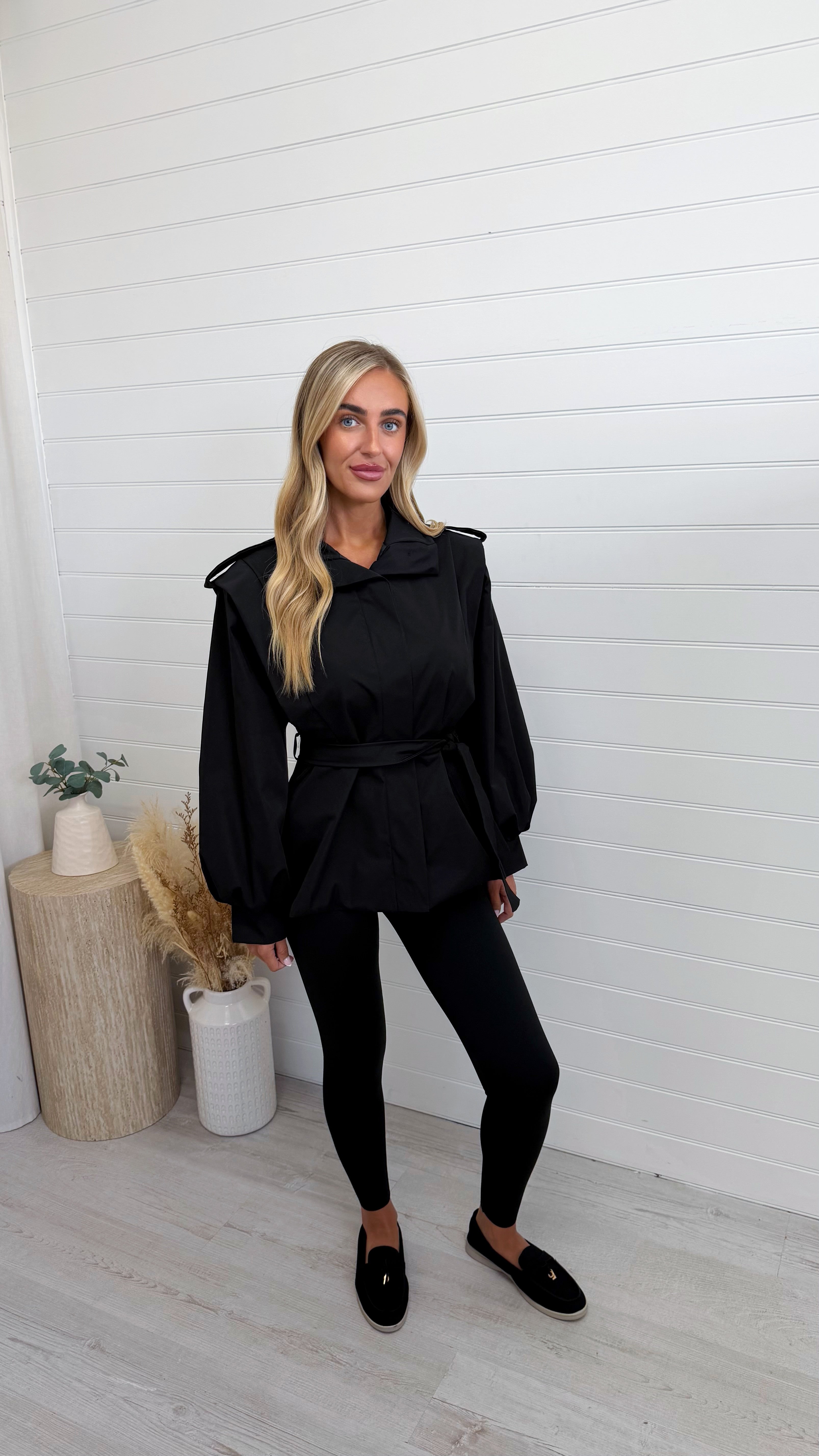 Cap Shoulder Belted Trench Jacket - BLACK