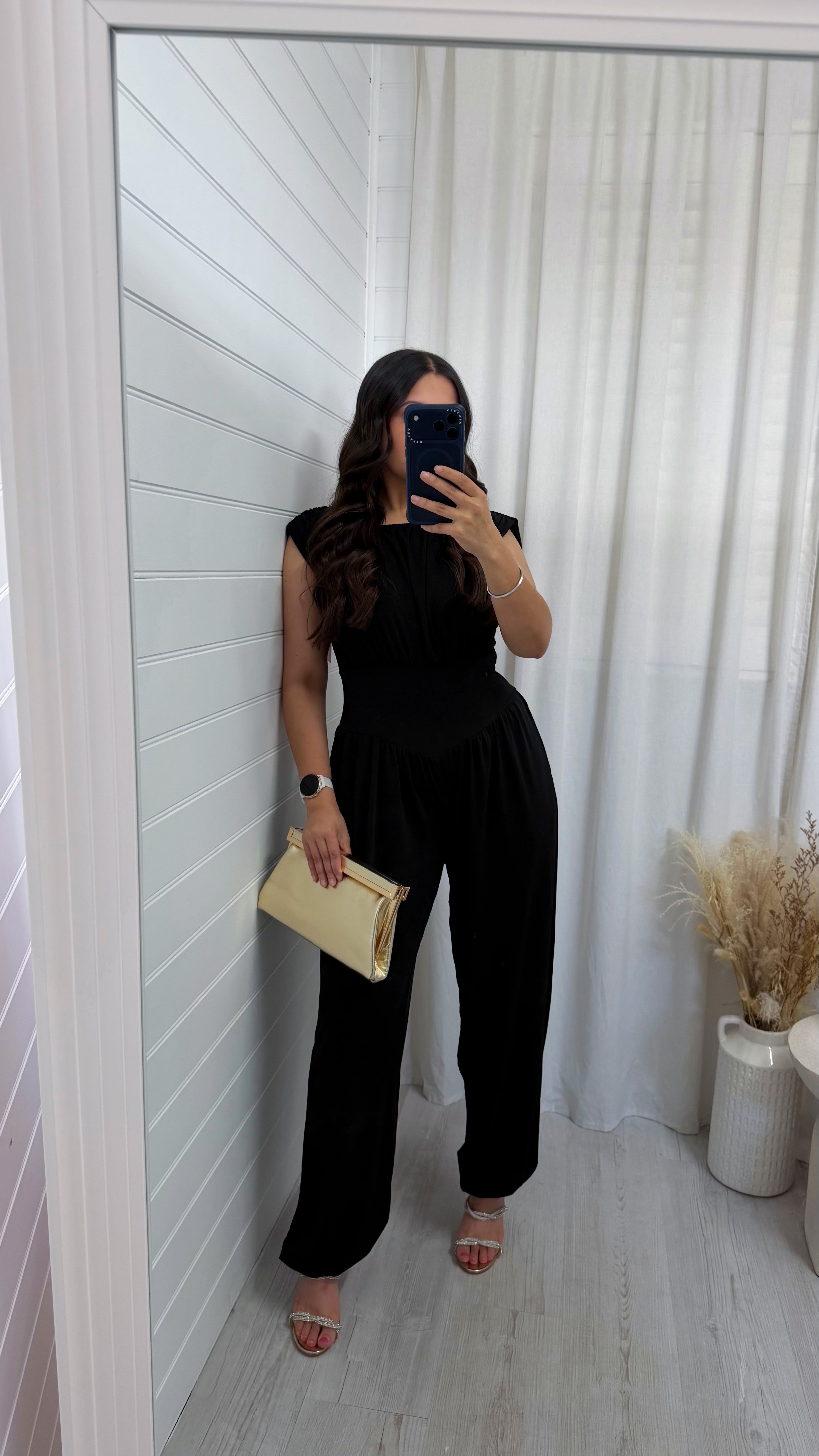 Cinch Waist Ruched Jumpsuit - BLACK