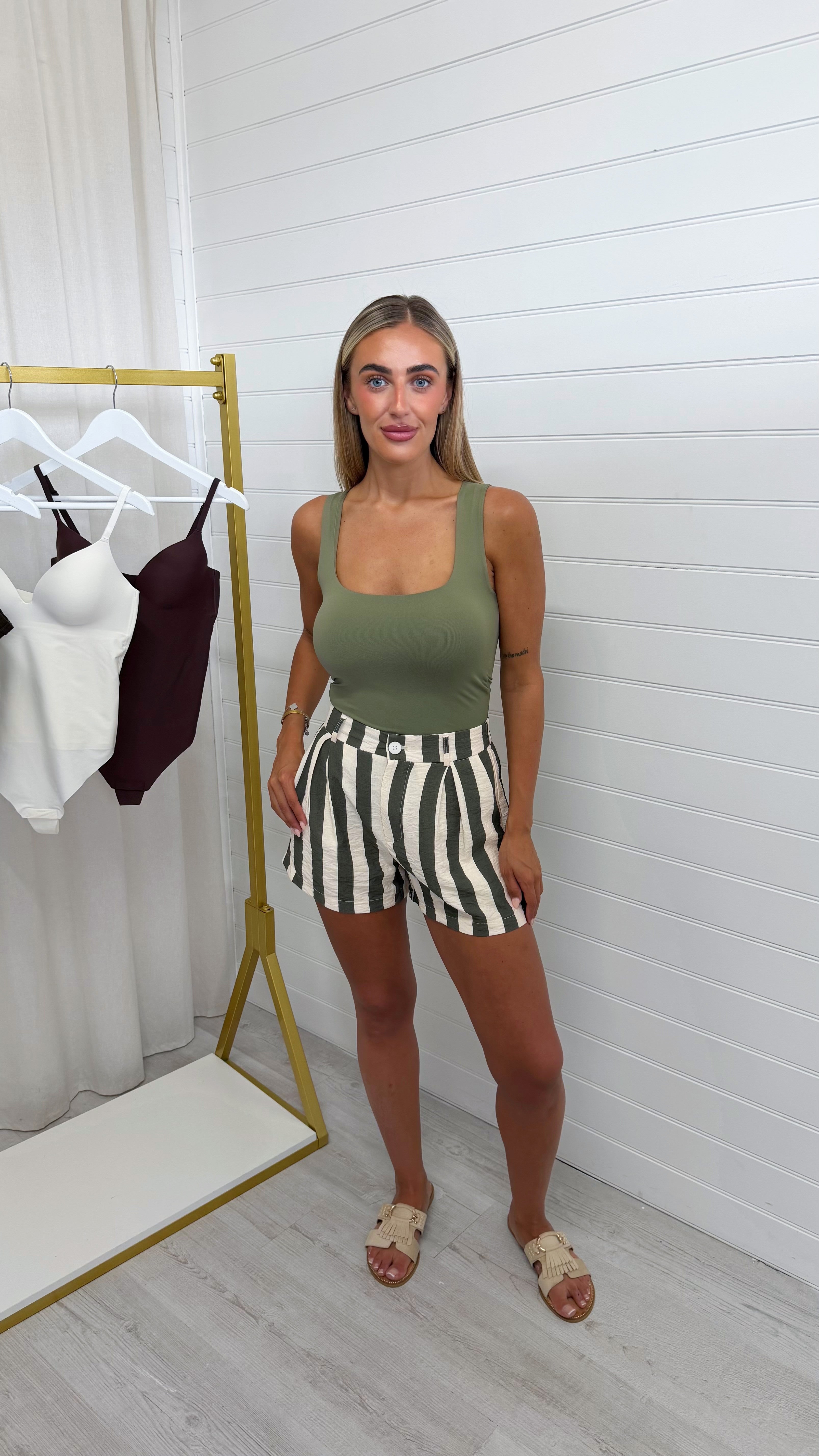 Linen Stripe High Waisted Shorts - KHAKI