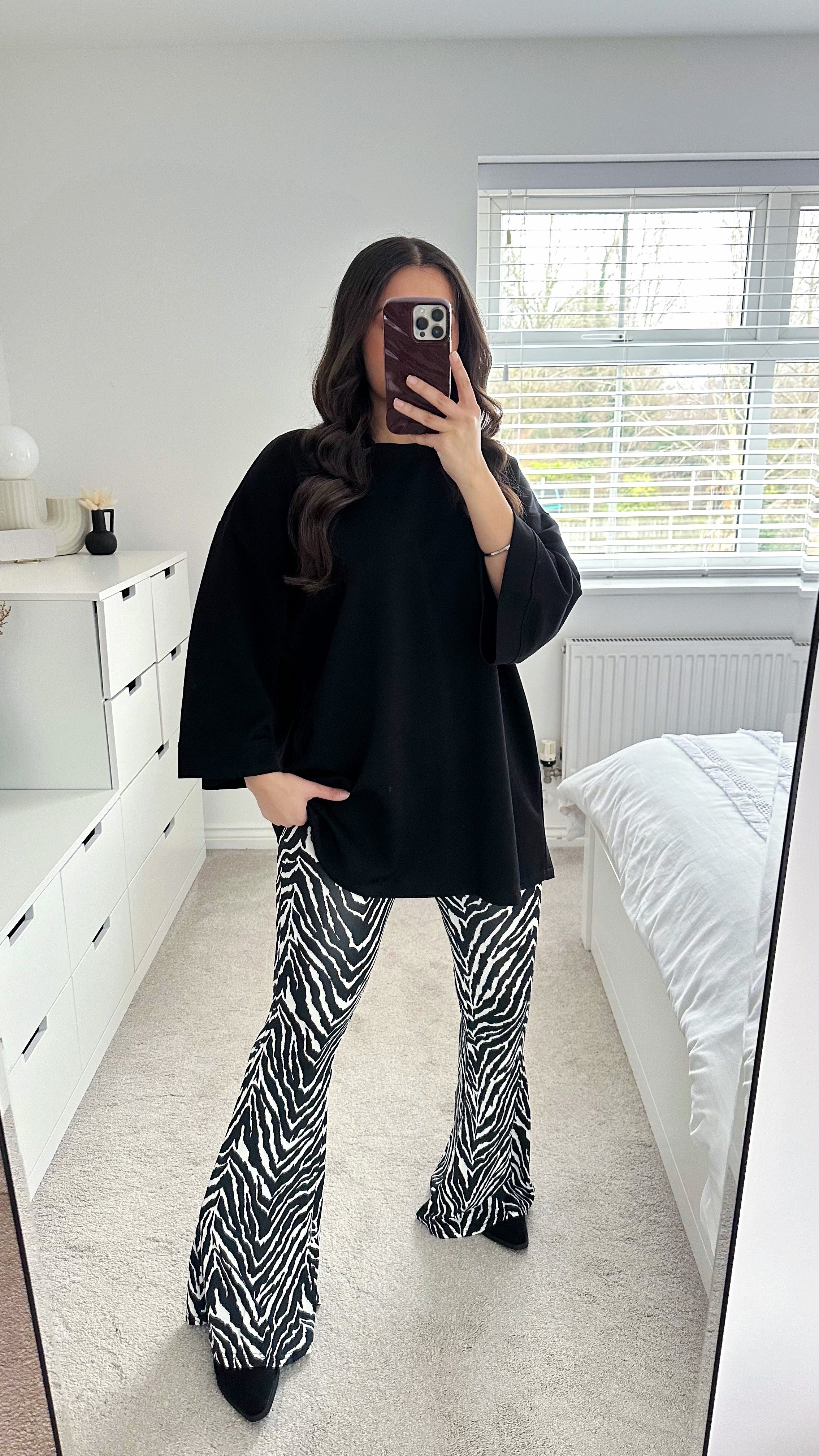 Zebra Print High Waisted Slim Fit Flare Trousers - BLACK AND WHITE