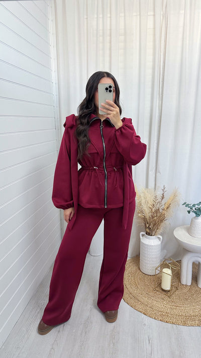 Bow Shoulder Cinched Jacket and Straight Leg Joggers Tracksuit - WINE