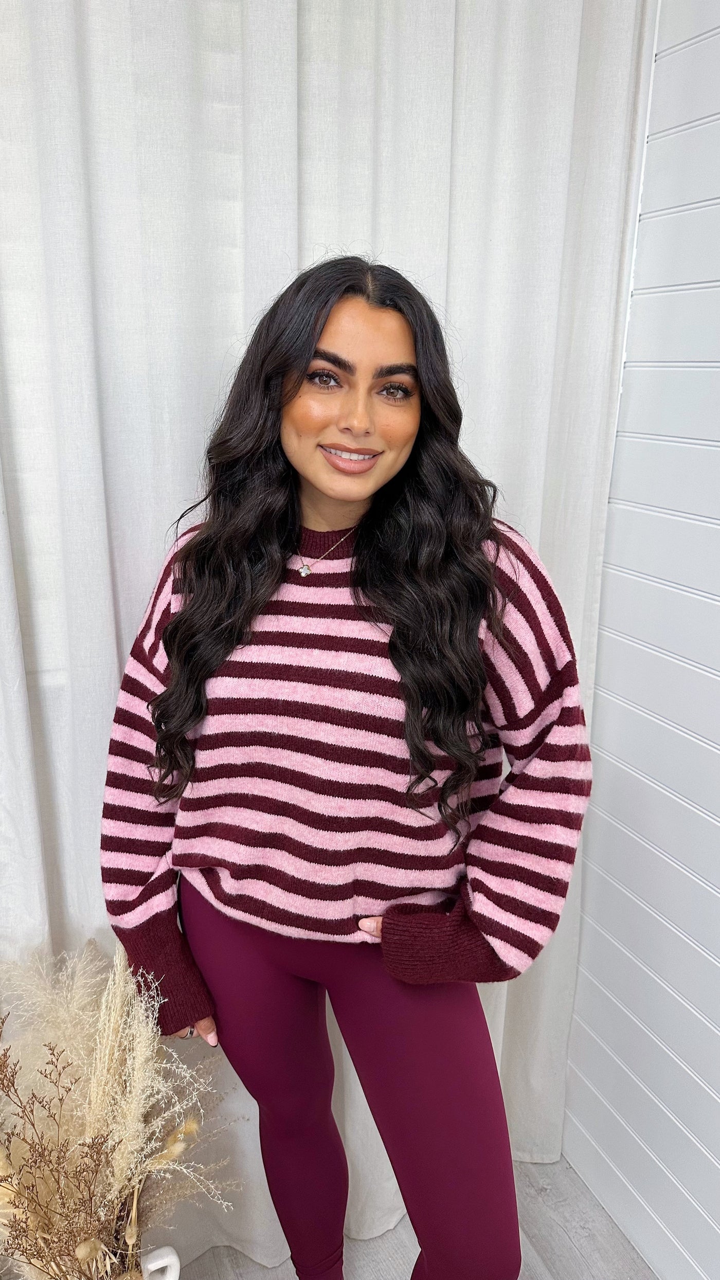 Soft Woollen Stripey Jumper - PINK/BURGUNDY
