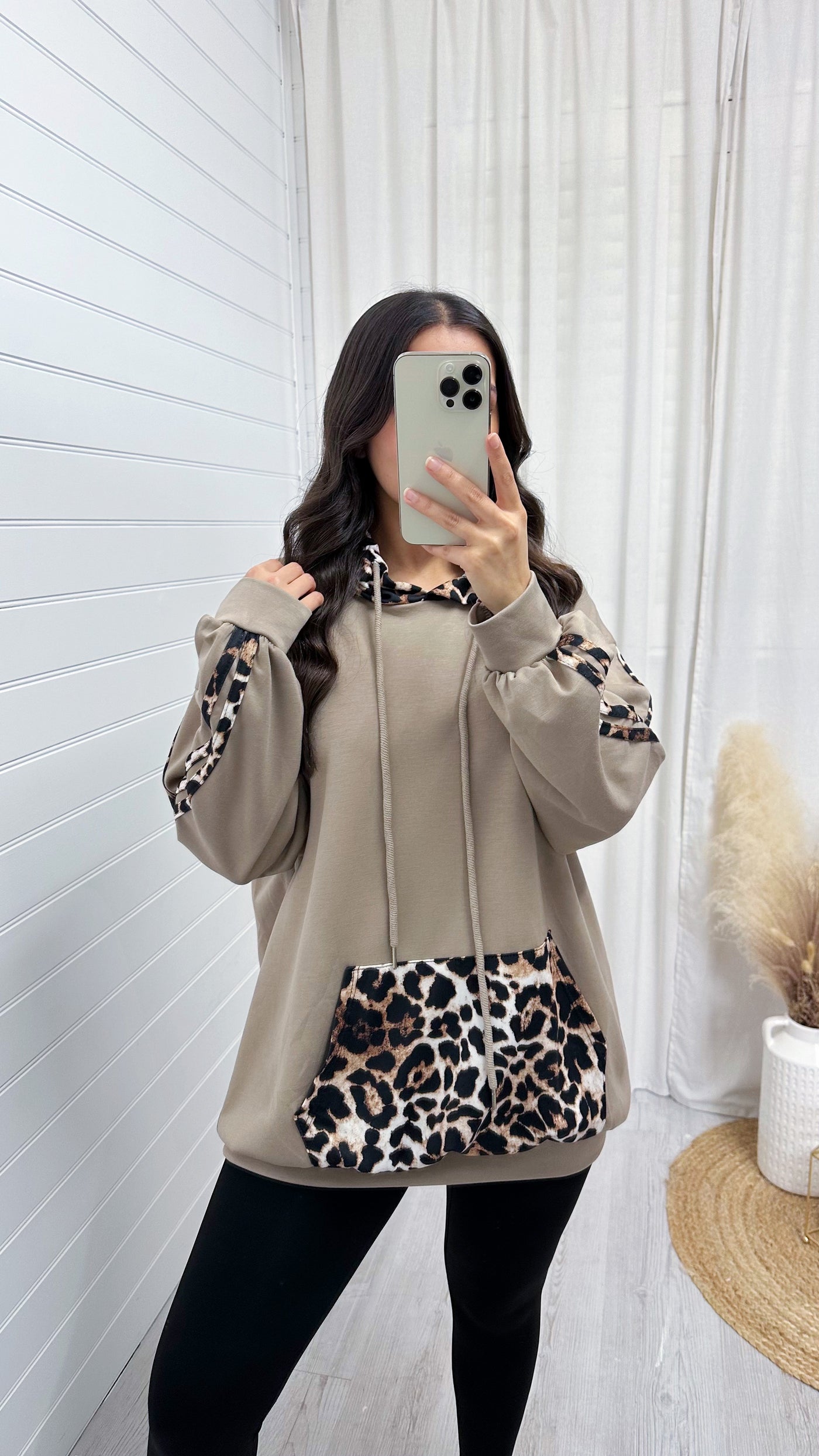 Oversized Leopard Contrast Hoodie - MOCHA