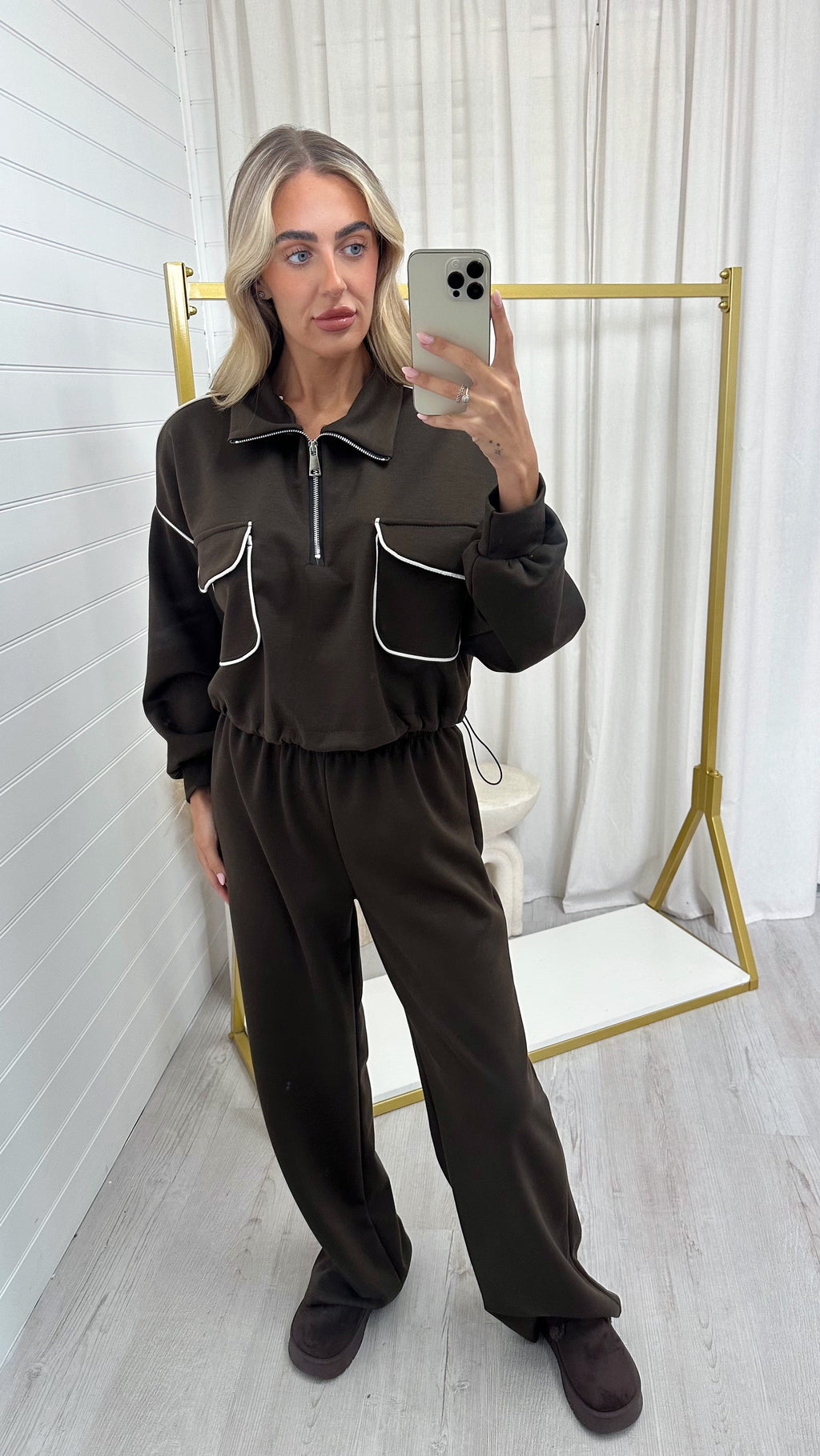 Contrast Piped Quarter Zip Sweatshirt and Joggers Co-Ord - BROWN