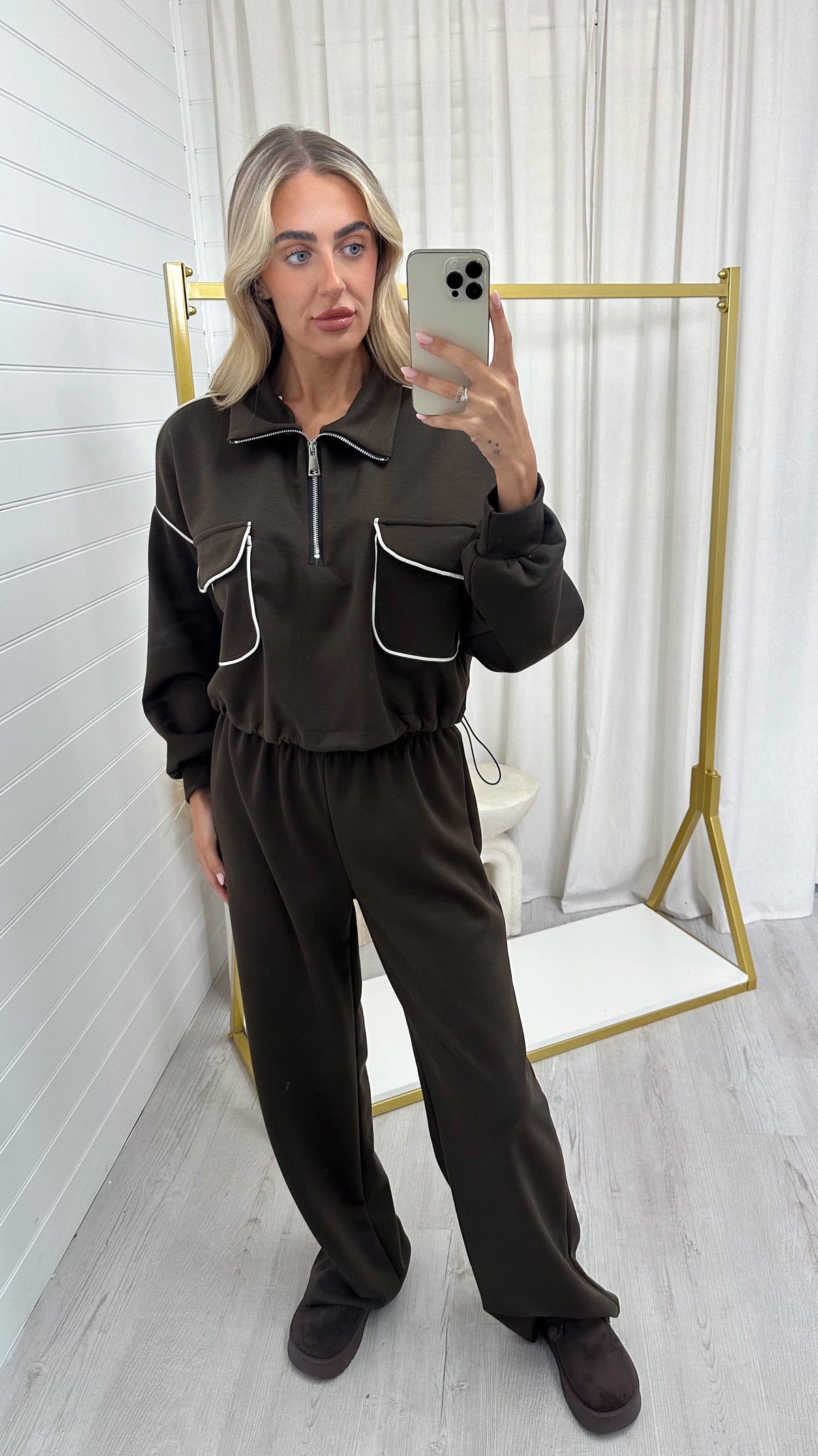 Contrast Piped Quarter Zip Sweatshirt and Joggers Co-Ord - BROWN