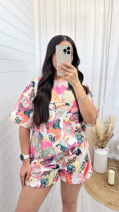 Bird Print T-Shirt and Shorts Co-Ord - PINK