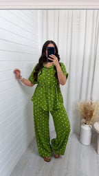 Polka Dot Cinched Shirt and Trousers Co-Ord - OLIVE GREEN