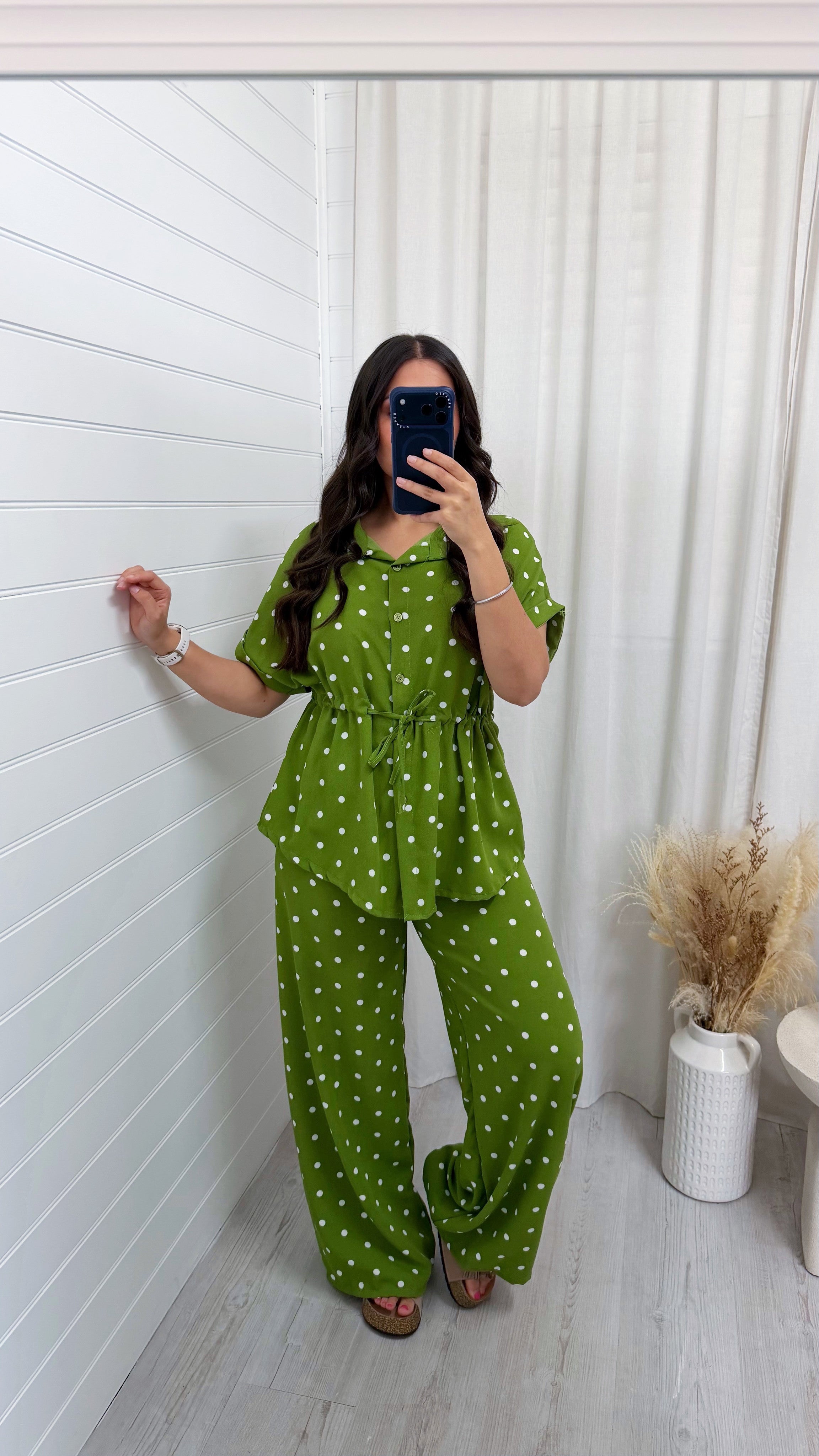 Polka Dot Cinched Shirt and Trousers Co-Ord - OLIVE GREEN