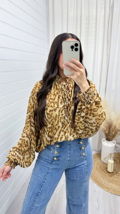 Shirred Collar Animal Print Balloon Sleeve Blouse - CHEETAH PRINT