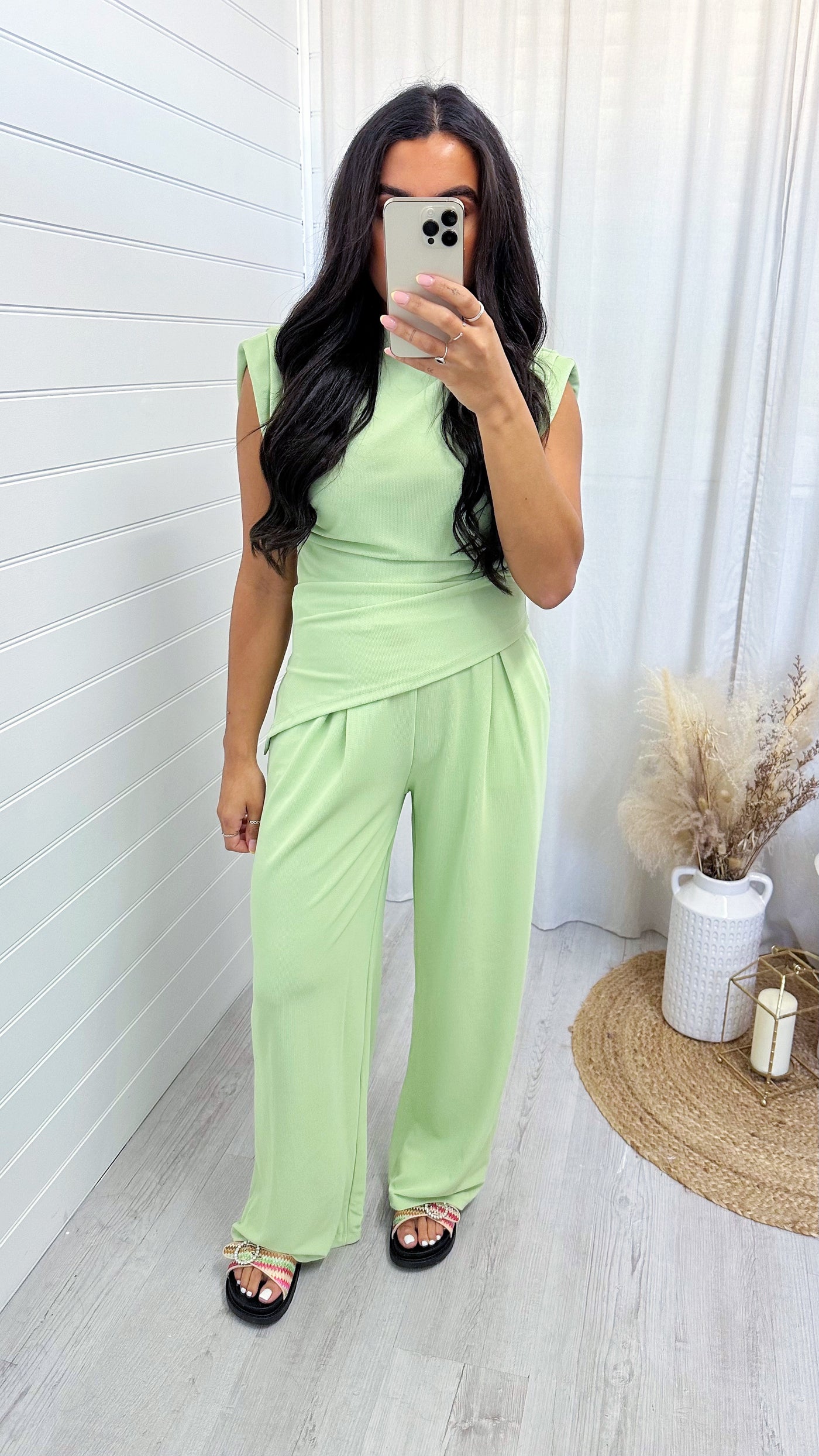 Asymmetrical Top and Wide Leg Trousers Co-Ord - APPLE GREEN