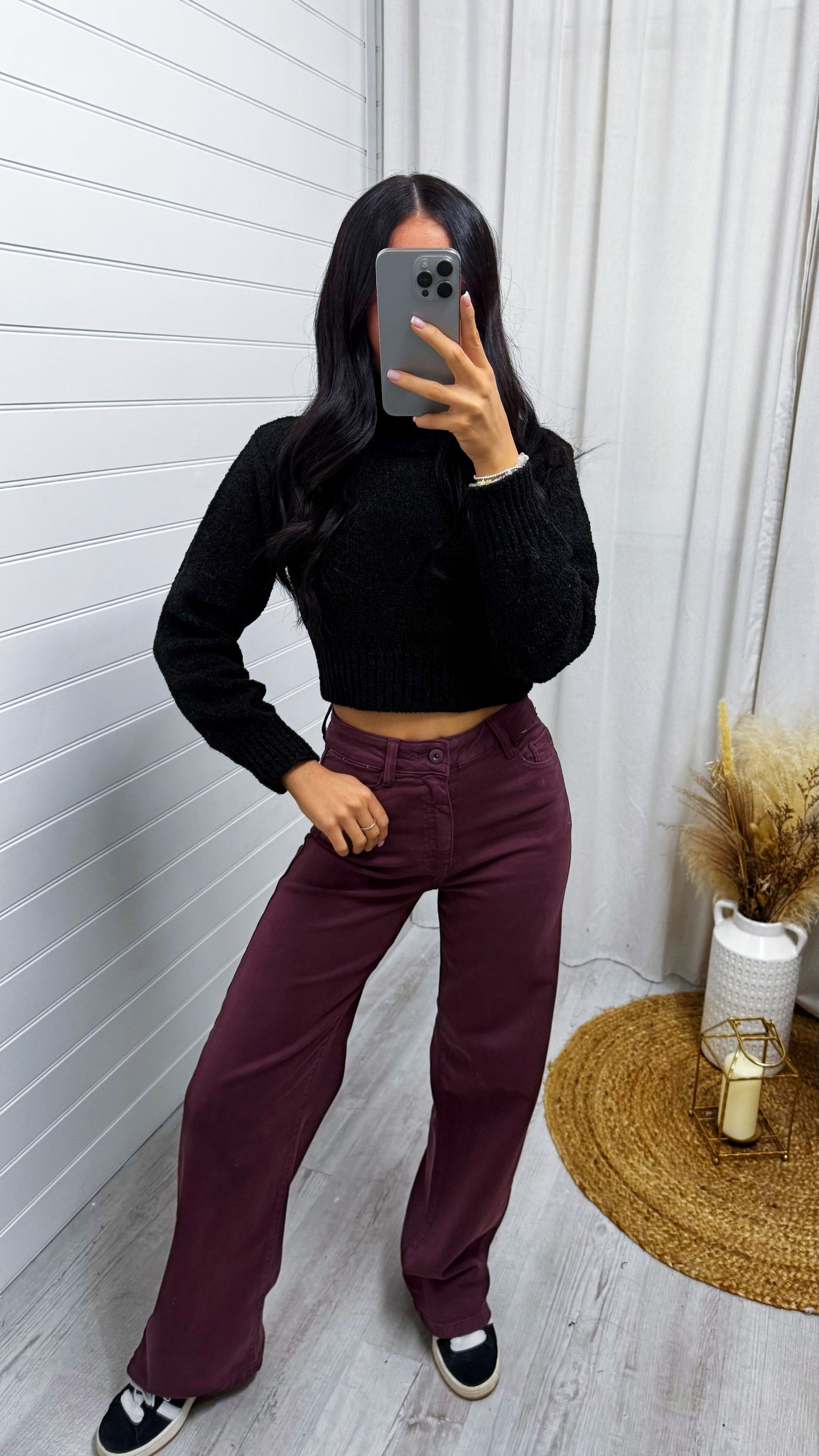 High Waisted Wide Leg Jeans - WINE