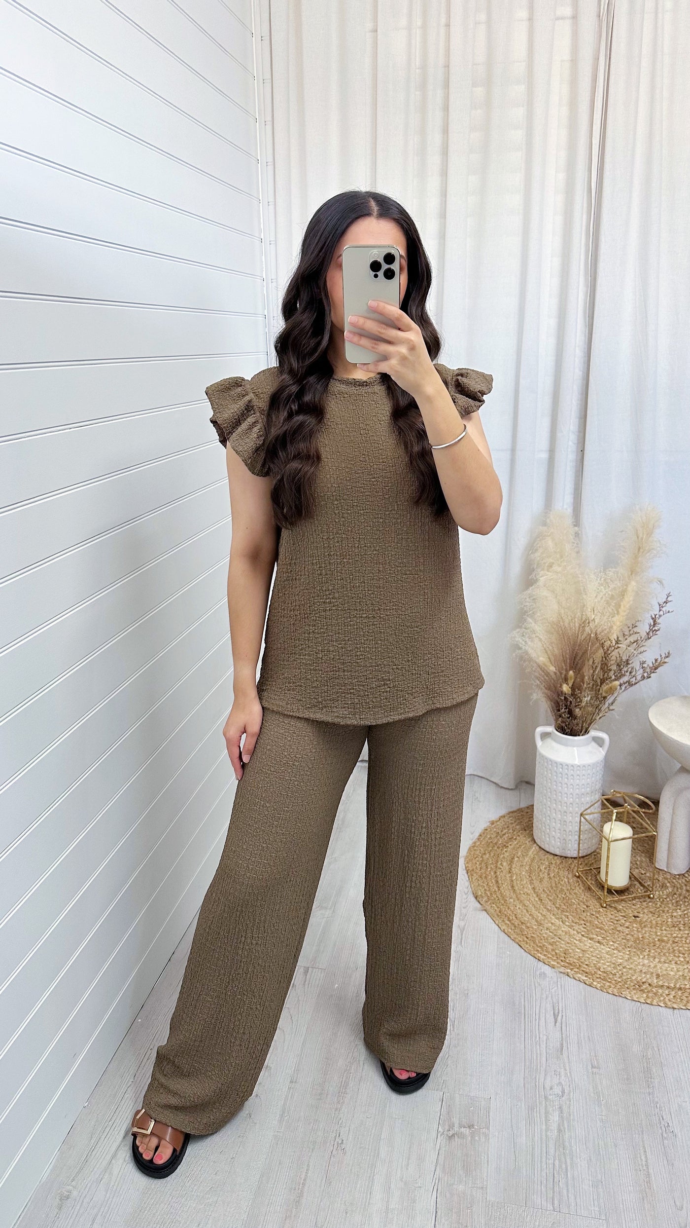 Cheesecloth Frill Shoulder Top and Trousers Co-Ord - COFFEE