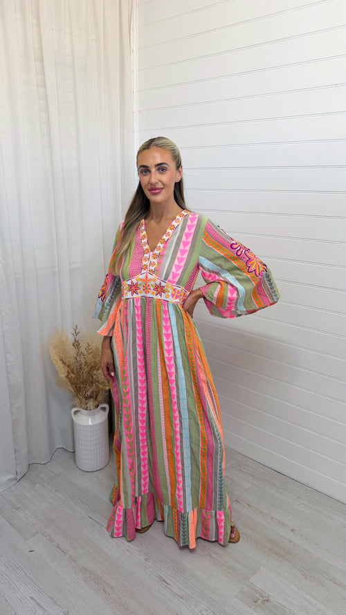 Aztec Embroidered Maxi Dress - PINK/ORANGE