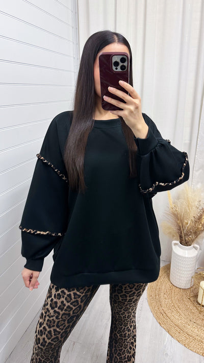 Leopard Trim Balloon Sleeve Sweatshirt - BLACK