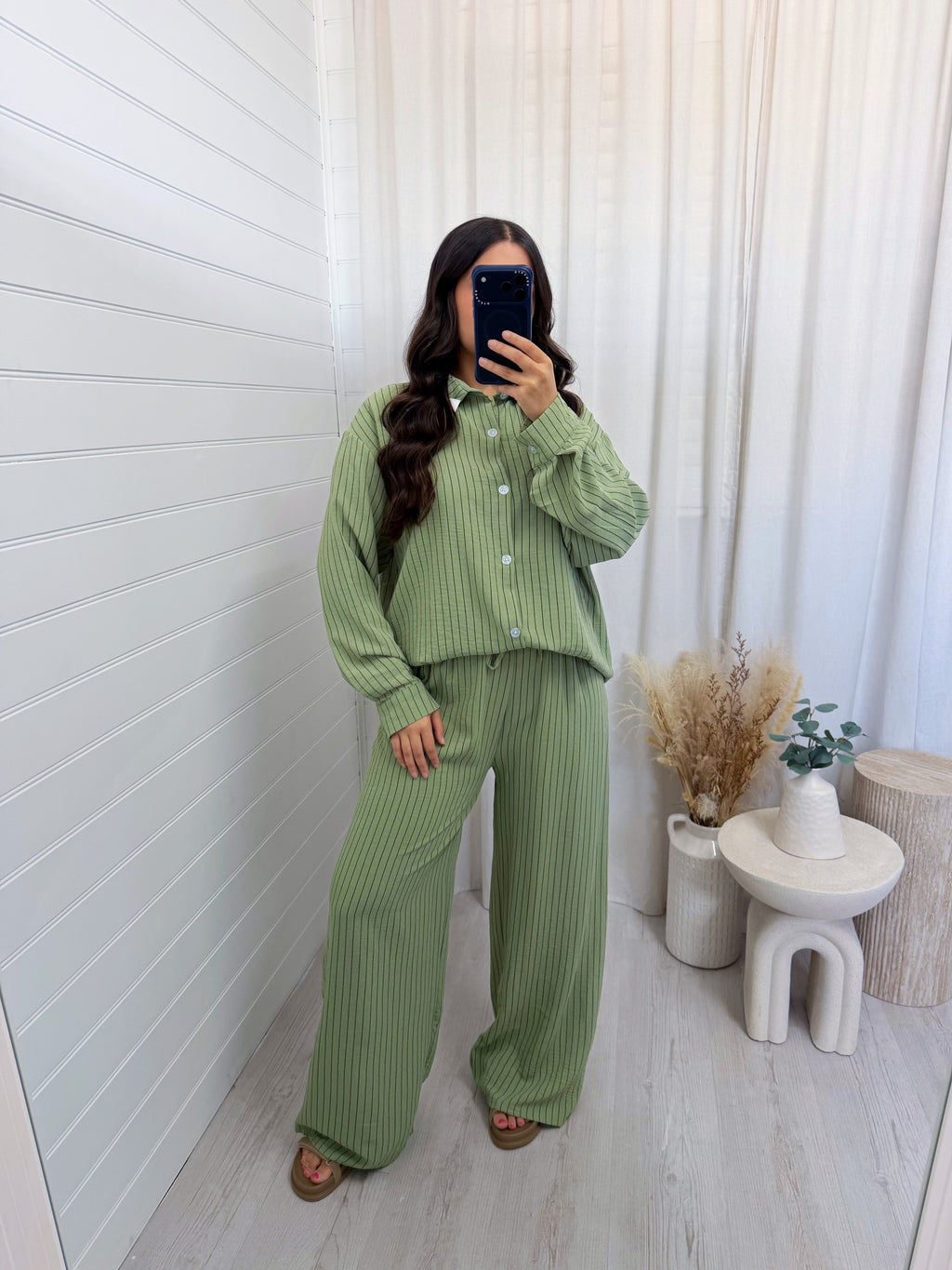 Oversized Pinstripe Shirt and Trousers Co-Ord - SAGE