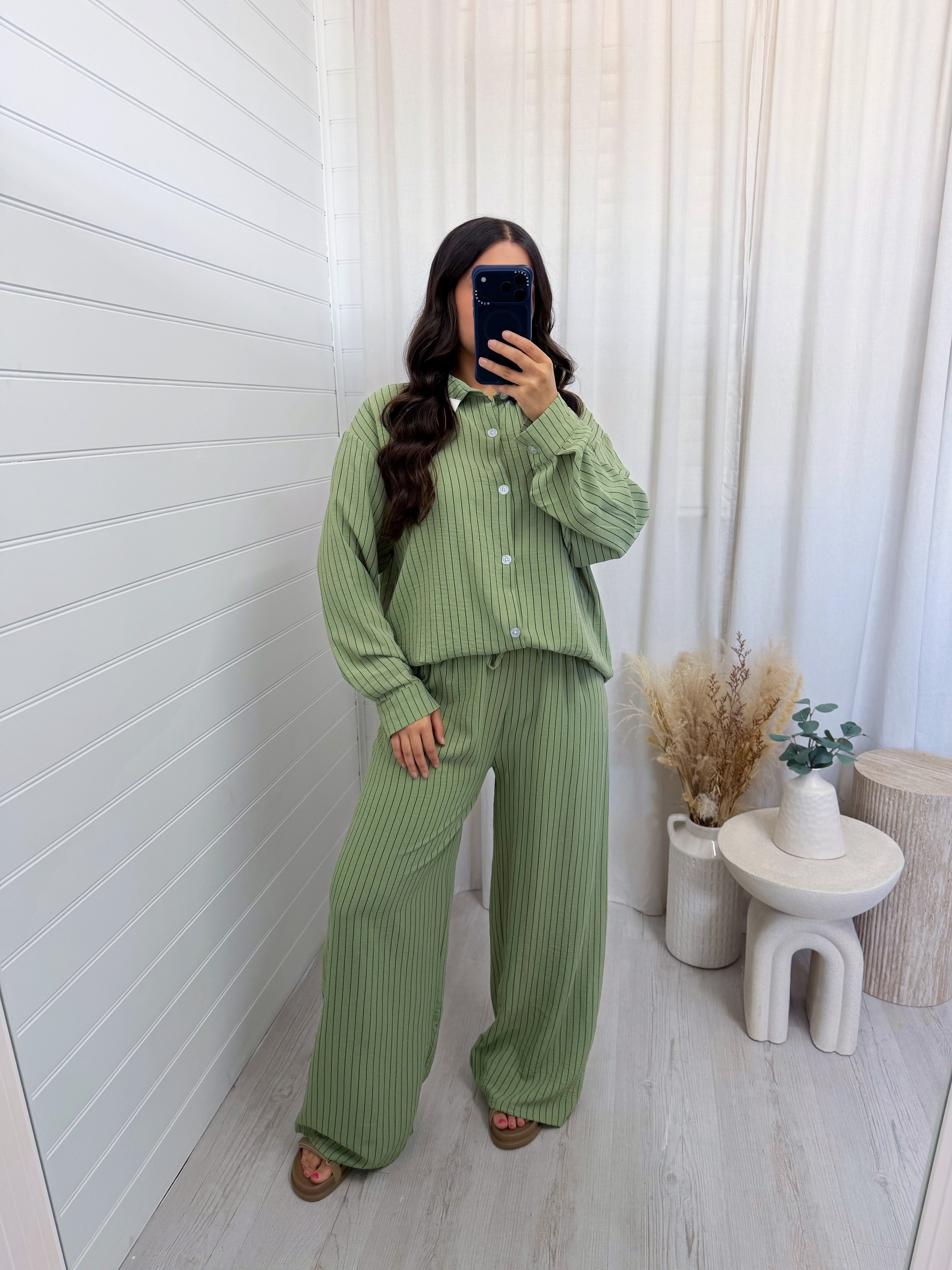 Oversized Pinstripe Shirt and Trousers Co-Ord - SAGE