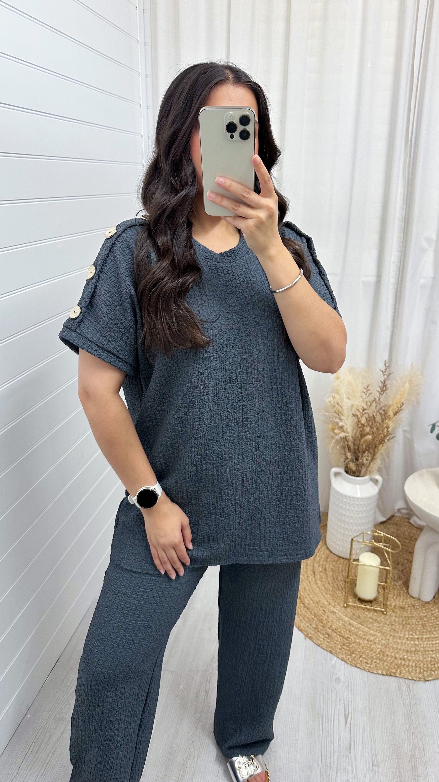 Cheesecloth Gold Button T-Shirt and Trousers Co-Ord - CHARCOAL