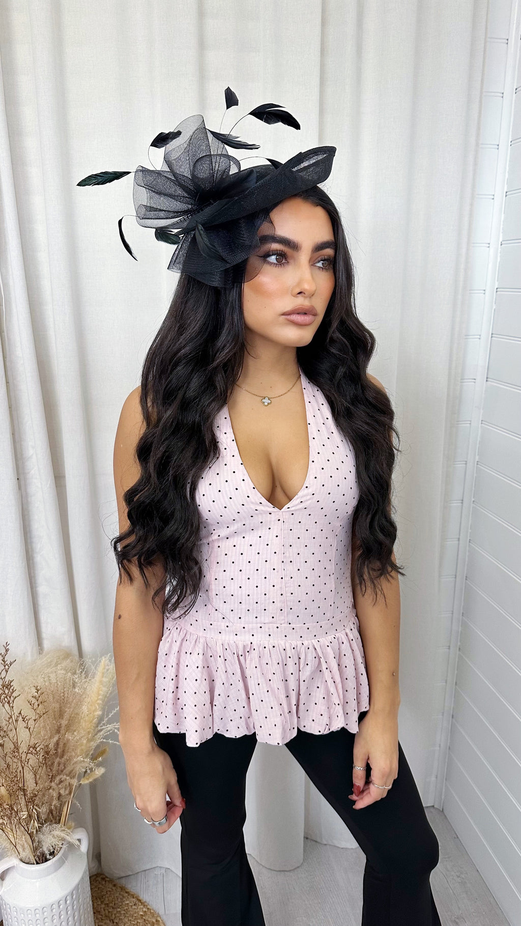 Halter Neck Polka Dot Peplum Top - PINK