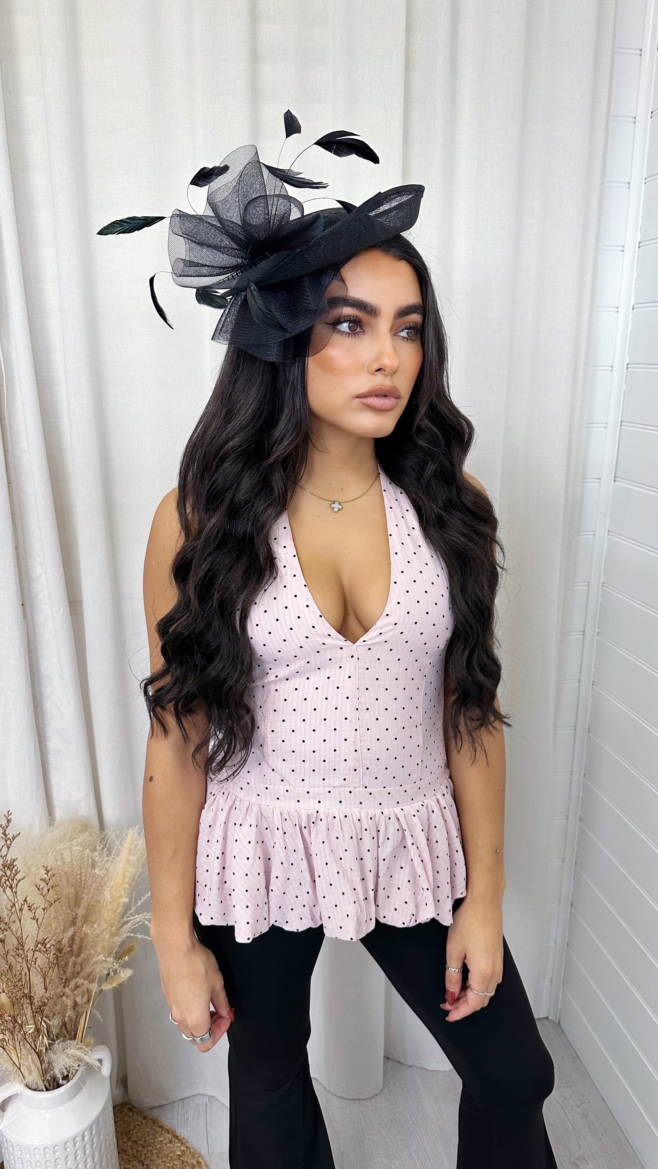 Halter Neck Polka Dot Peplum Top - PINK