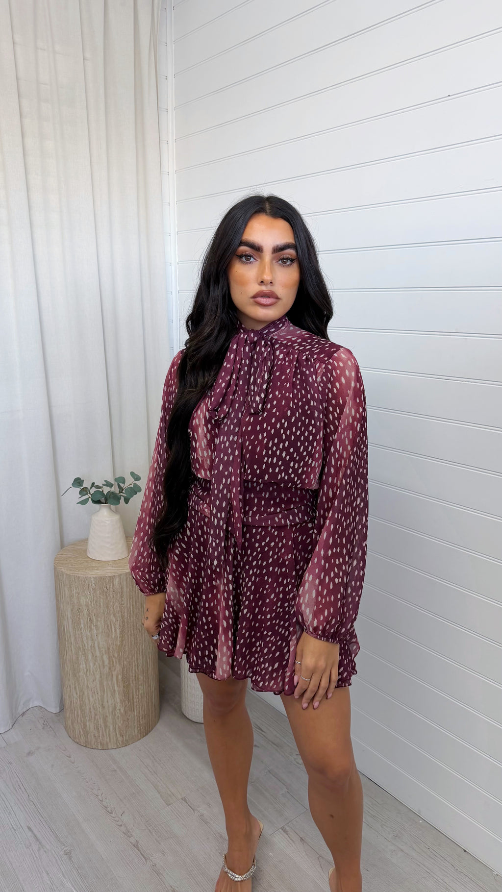 Deer Print Tie Neck Dress - BURGUNDY