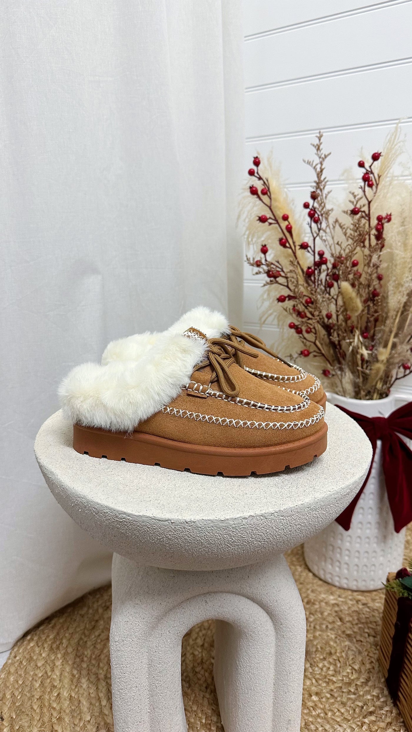 Fur Lined Embroidered Mules - CAMEL