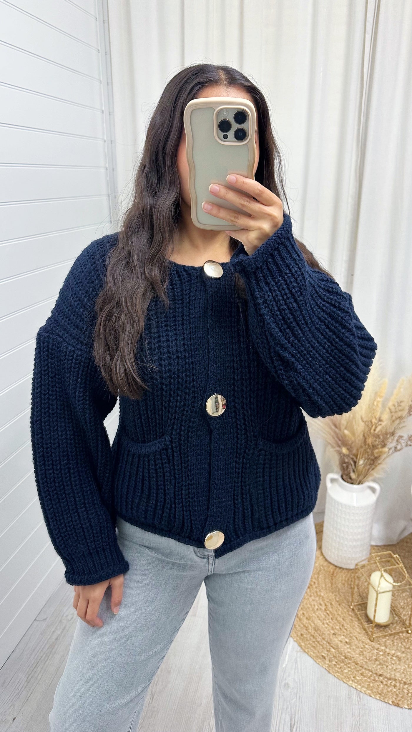 Chunky Knit Gold Button Cardigan - NAVY