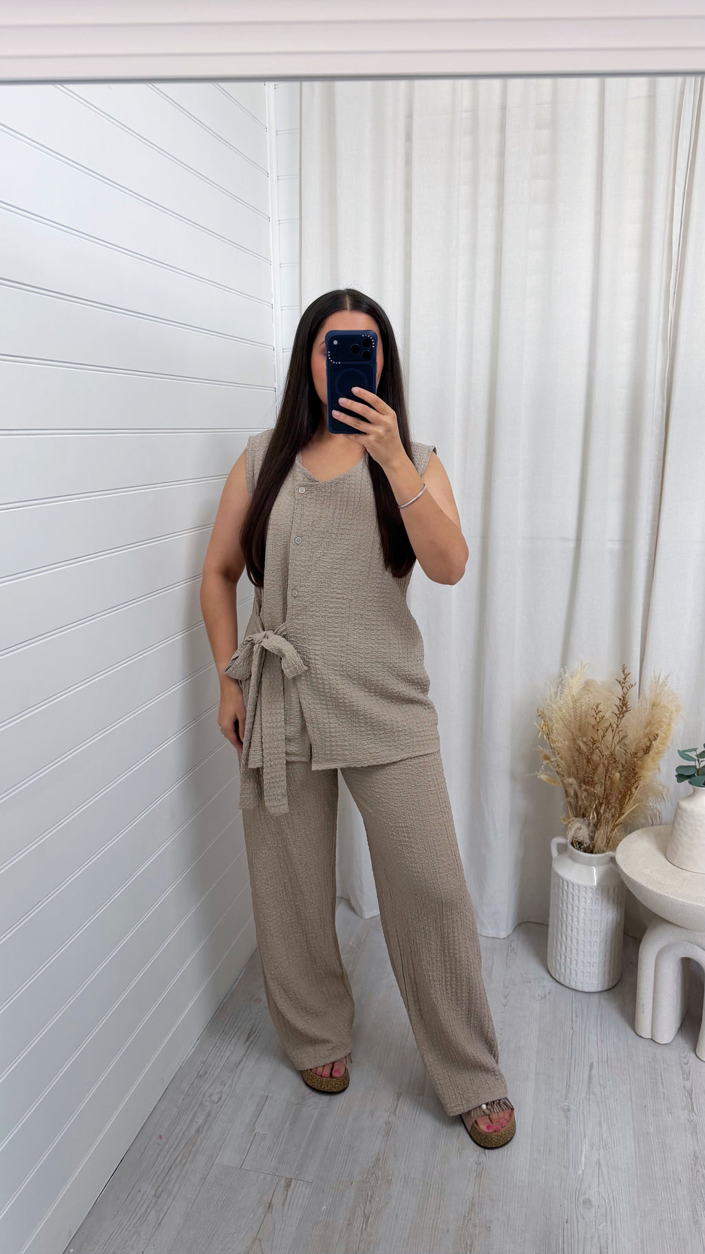 Wrap Over Sleeveless Top and Trousers Co-Ord - BEIGE
