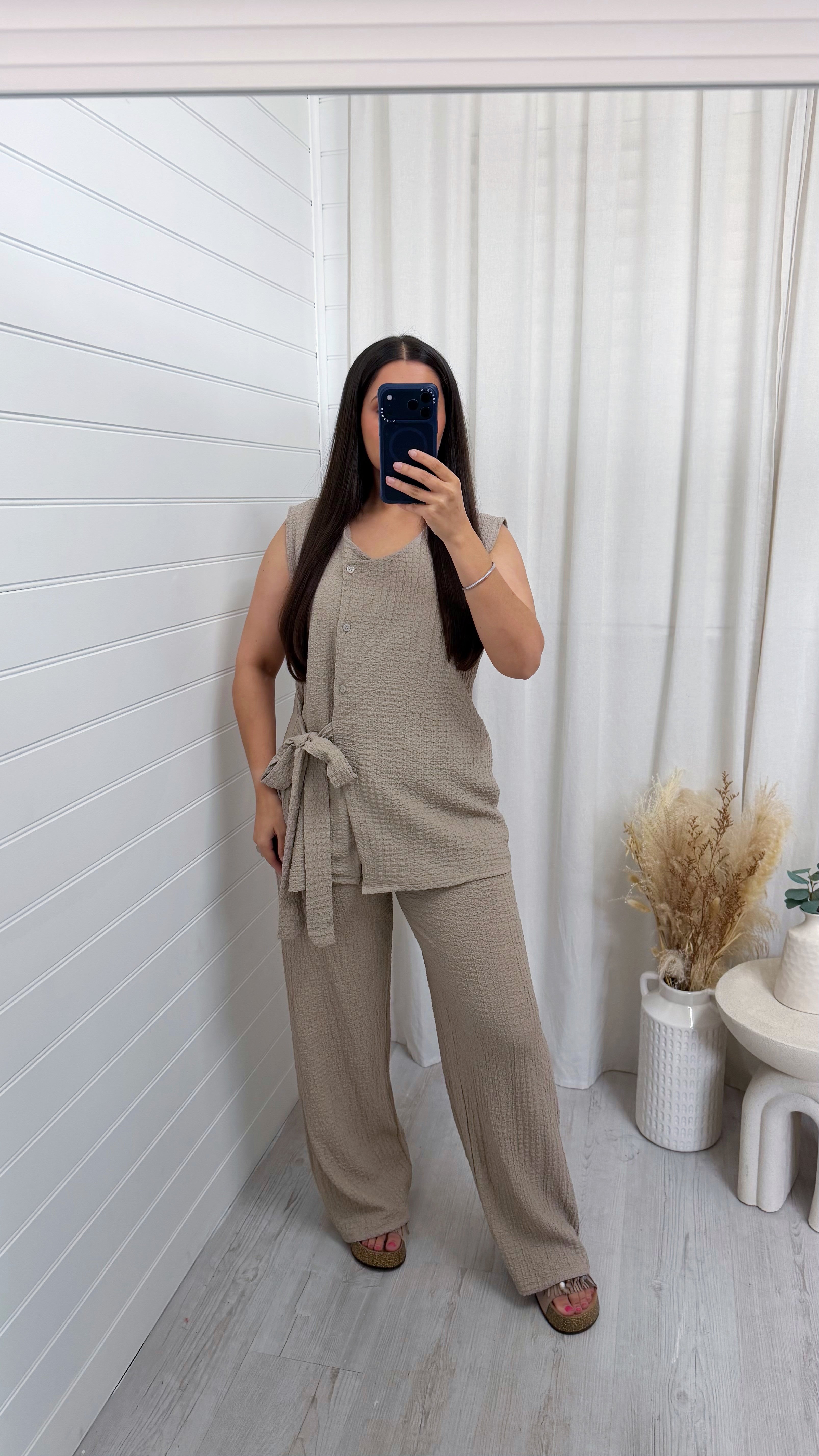 Wrap Over Sleeveless Top and Trousers Co-Ord - BEIGE