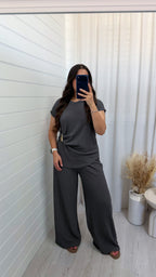 Gold Clasp Ruched Top and Wide Leg Trousers Co-Ord - CHARCOAL
