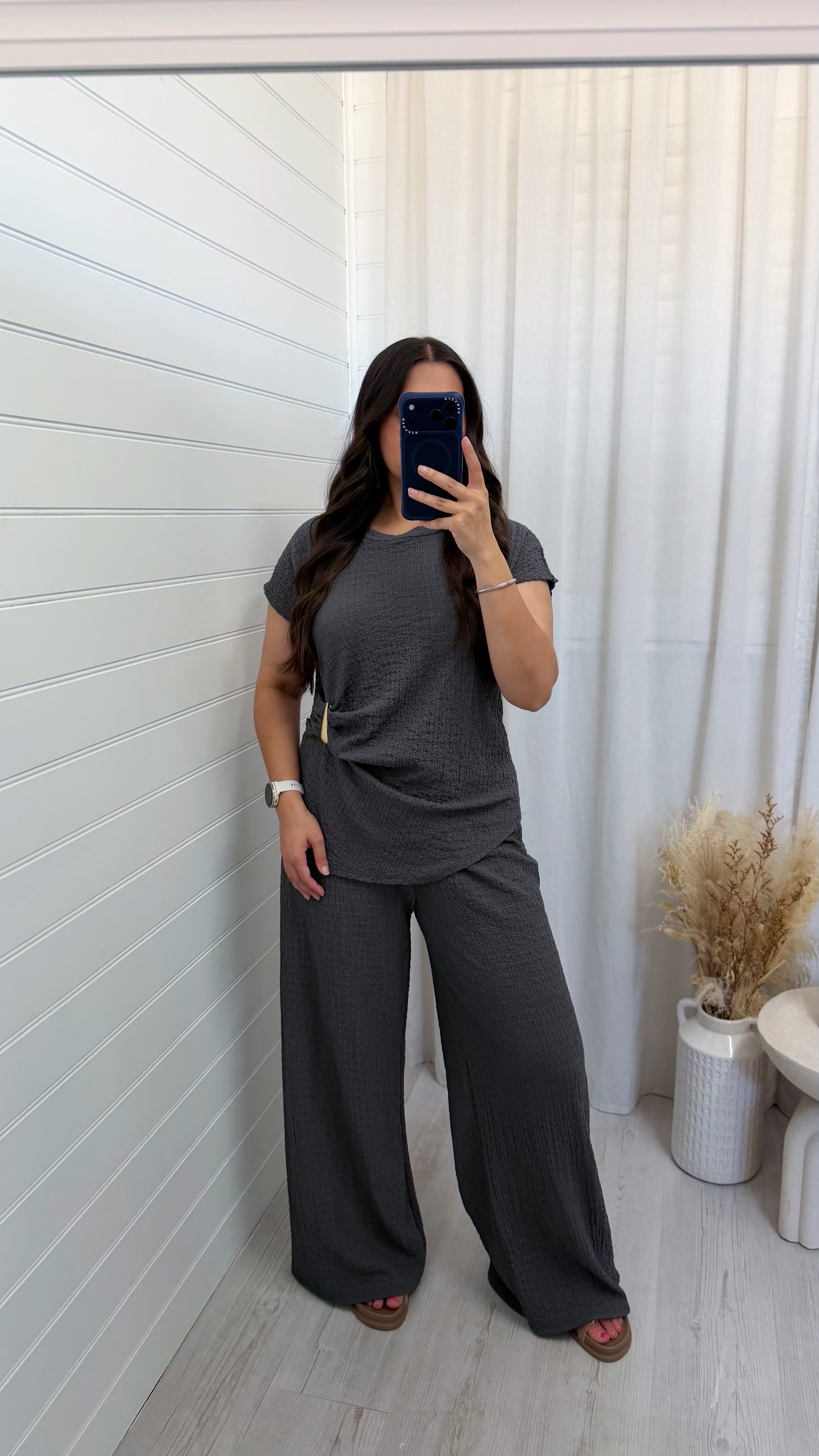 Gold Clasp Ruched Top and Wide Leg Trousers Co-Ord - CHARCOAL