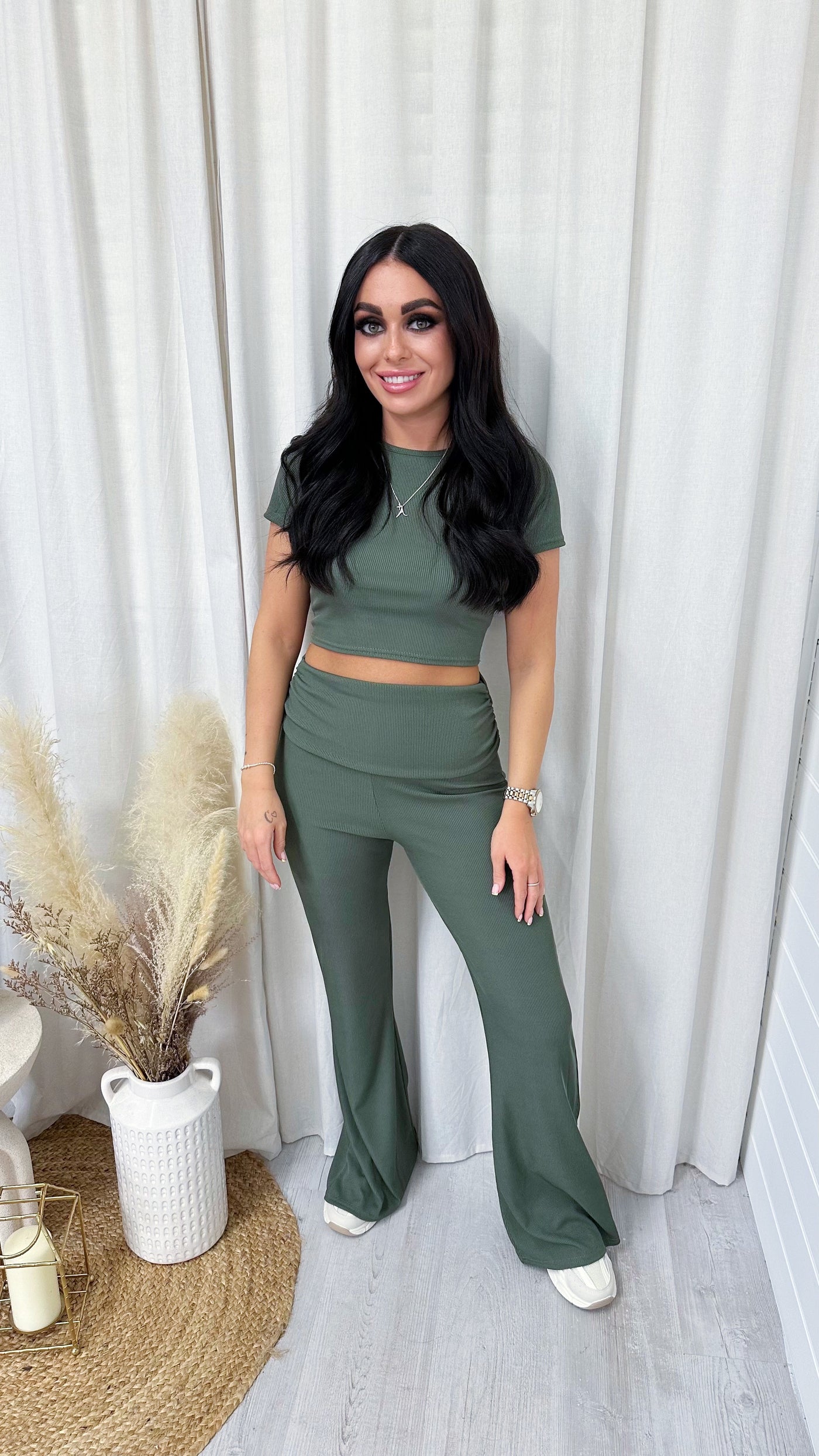 Ribbed Crop Top and Fold Over Flares Co-Ord - KHAKI