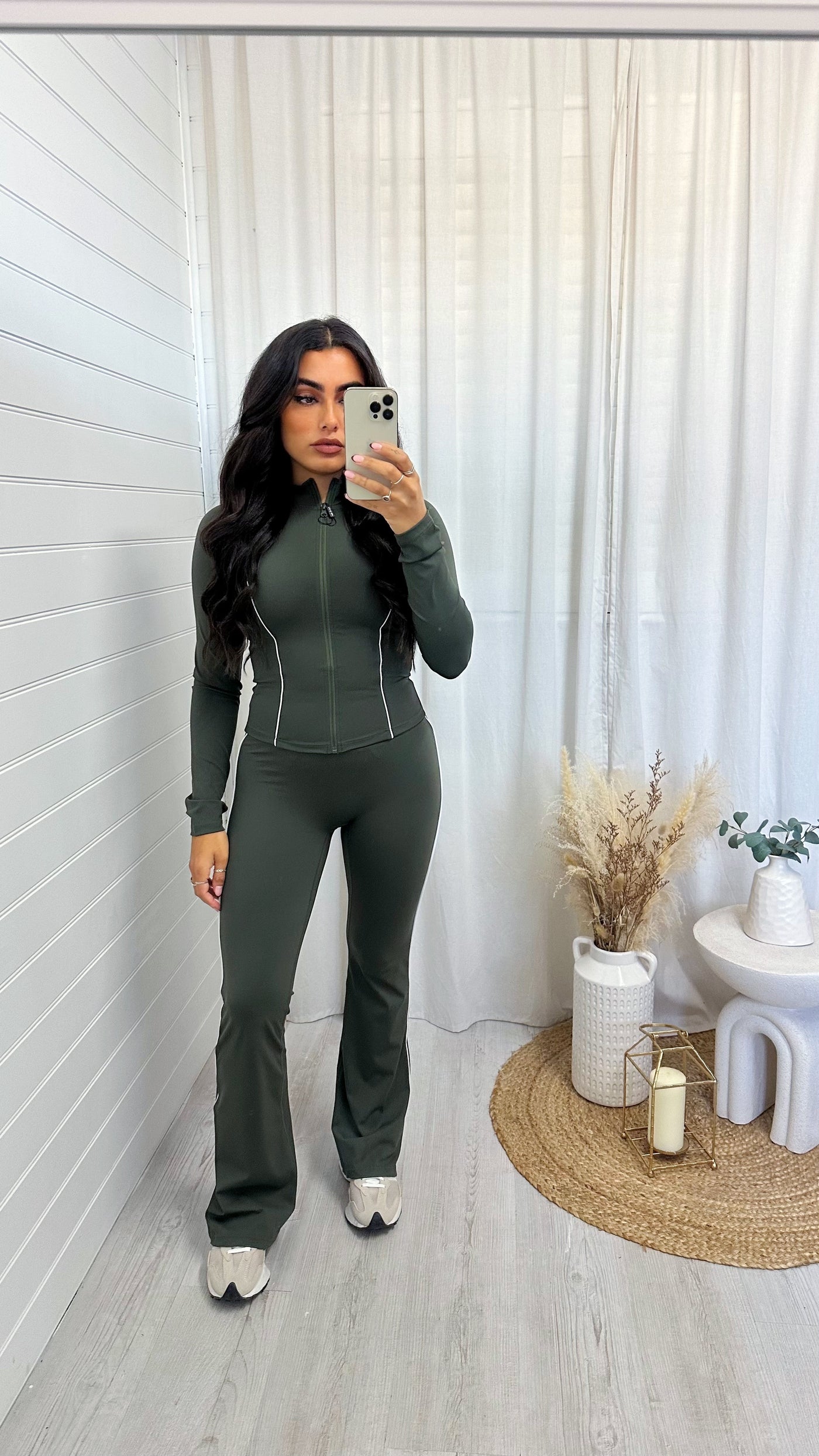 Contrast Seam Body Sculpt Jacket and Flares Co-Ord - KHAKI