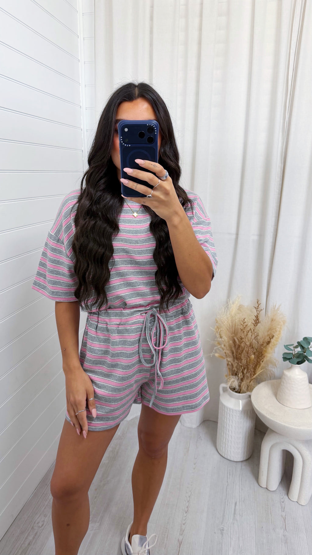 Oversized Stripe T-Shirt and Shorts Co-Ord - GREY