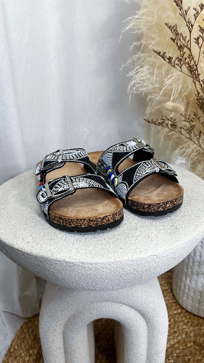 Boho Beaded Silver Buckle Sliders - BLACK