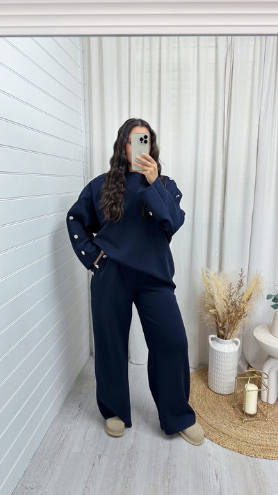 Long Sleeve Gold Button Detail Top and Trousers Co-Ord - NAVY