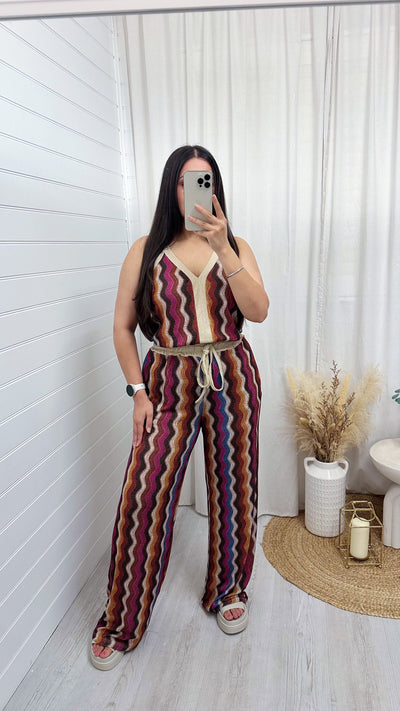 Zig Zag Strappy Vest Top and Wide Leg Trousers Co-Ord - PURPLE/BLUE