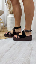 Suede Cross Over Strap Platform Sandals - BLACK