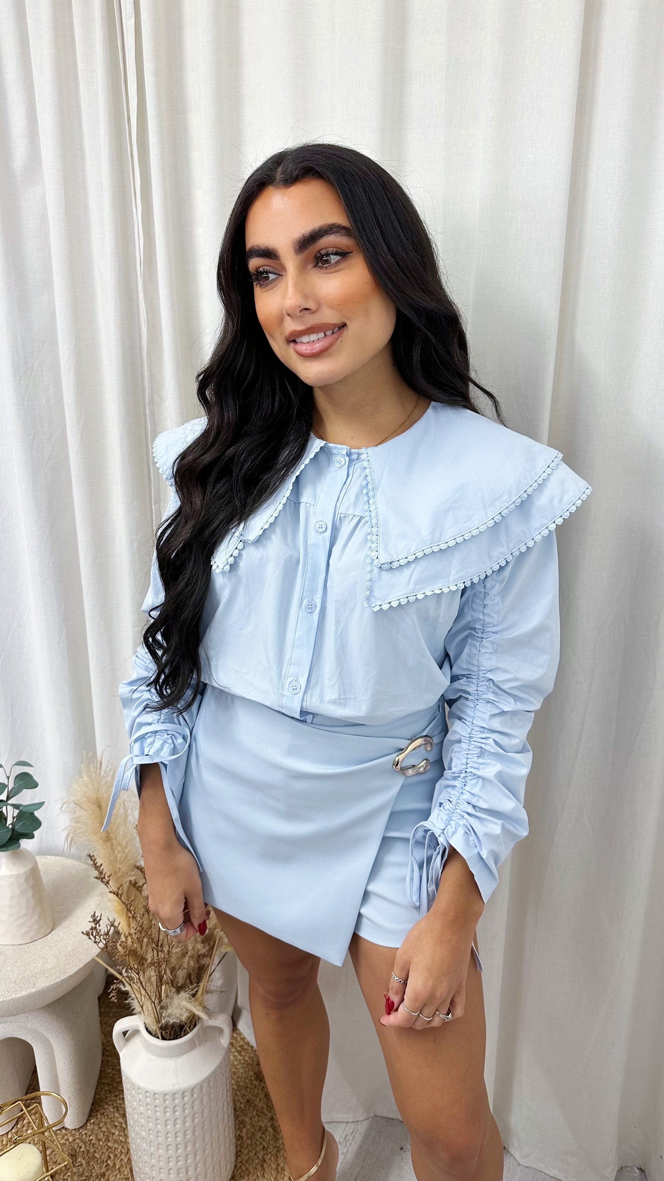 Frill Collar Ruched Sleeve ShirT - BABY BLUE