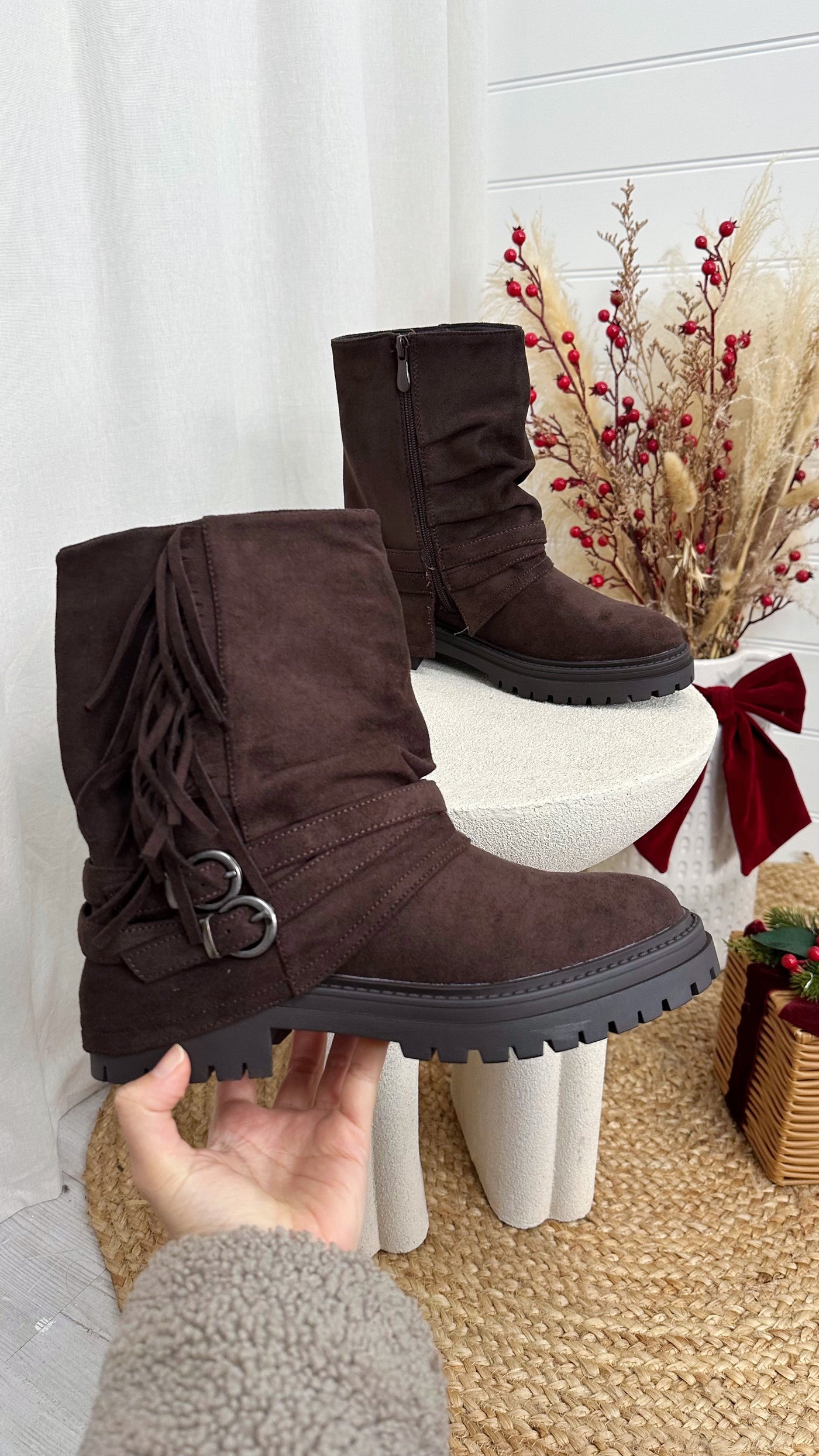 Fold Over Flat Tassel Boots - BROWN