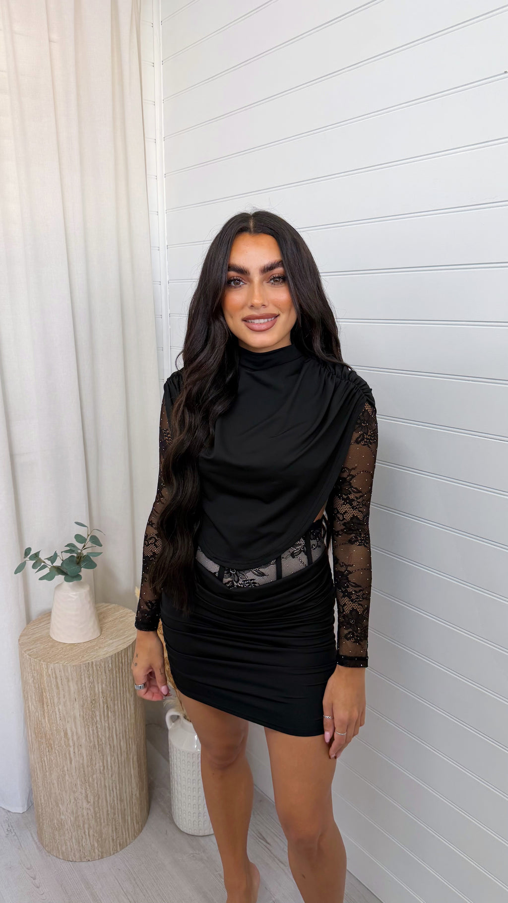 Lace Insert Top and Corset Ruched Skirt Co-Ord - BLACK