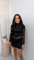 Lace Insert Top and Corset Ruched Skirt Co-Ord - BLACK