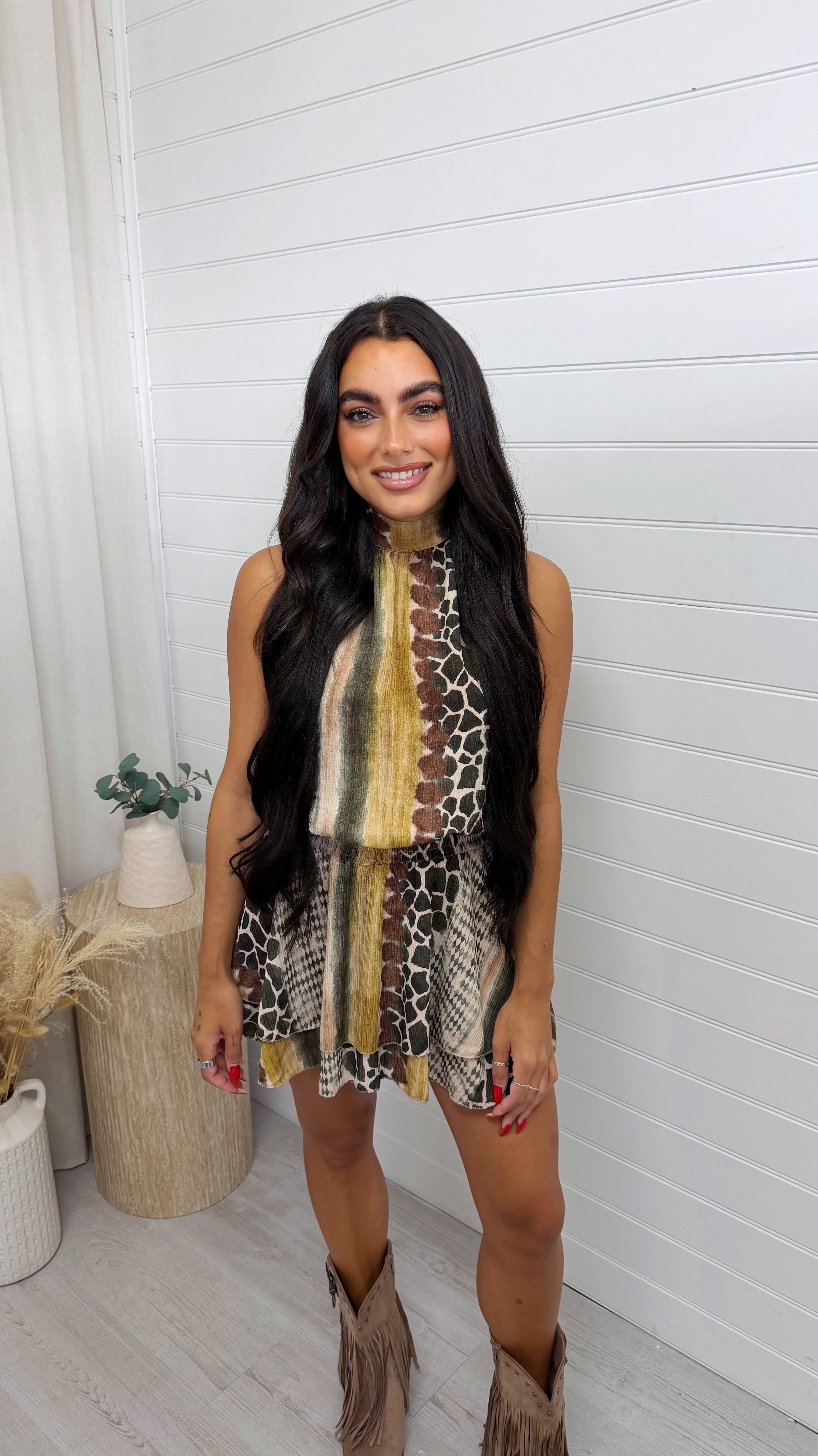 Reptile Print Halter Neck Frill Dress - KHAKI