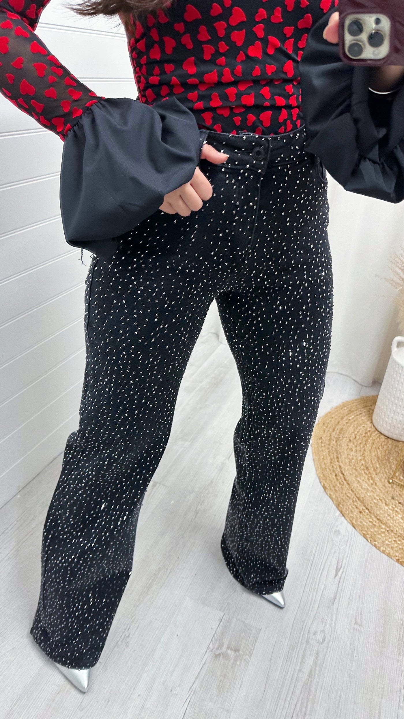 Wide Leg Rhinestone Jeans - BLACK