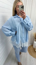 Lace Hem Crinke Shirt - BLUE
