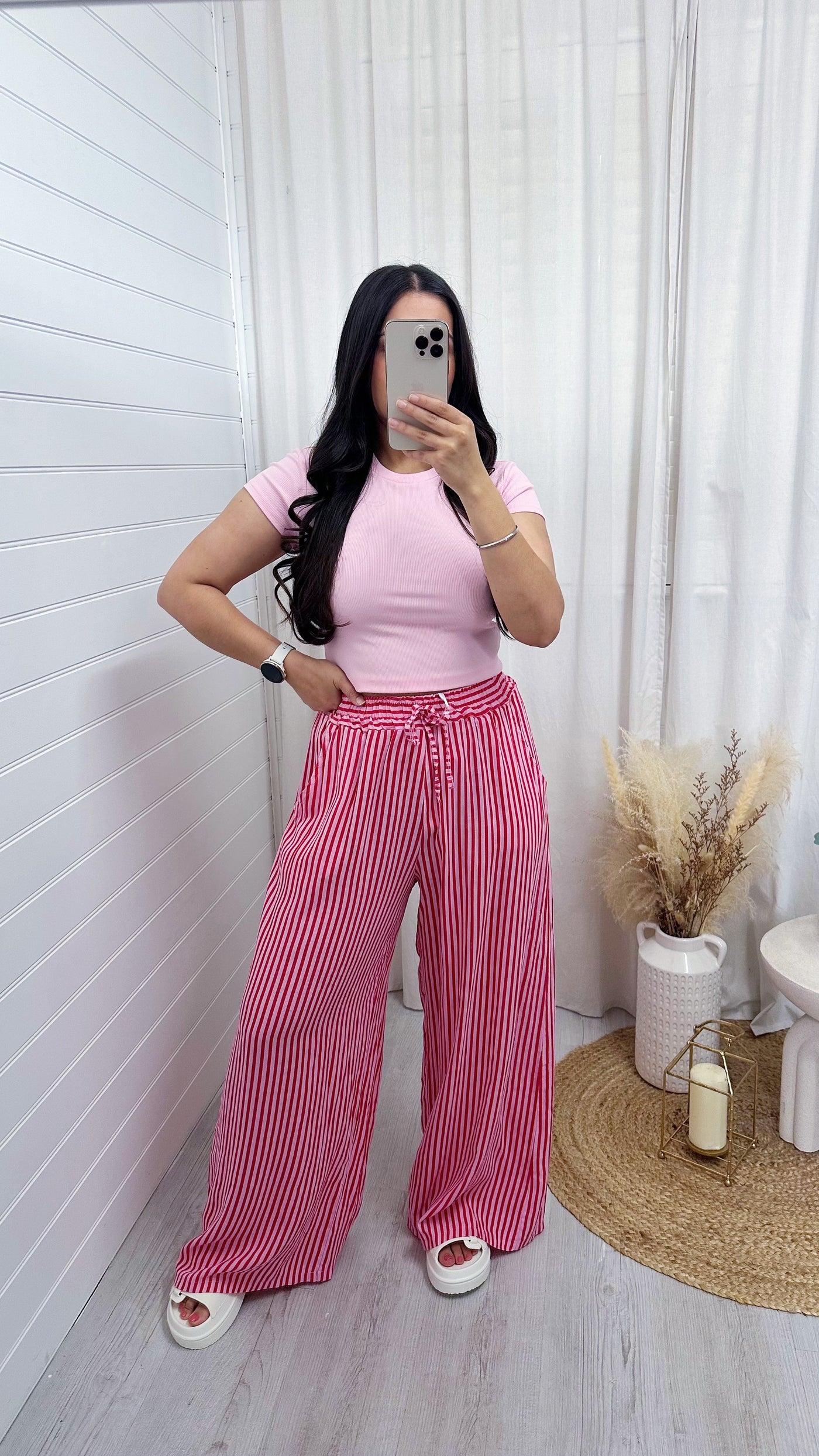 Pinstripe Linen Wide Leg Trousers - PINK/RED