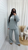 Chunky Ribbed Knit Logo Top and Trouser Co-Ord - GREY