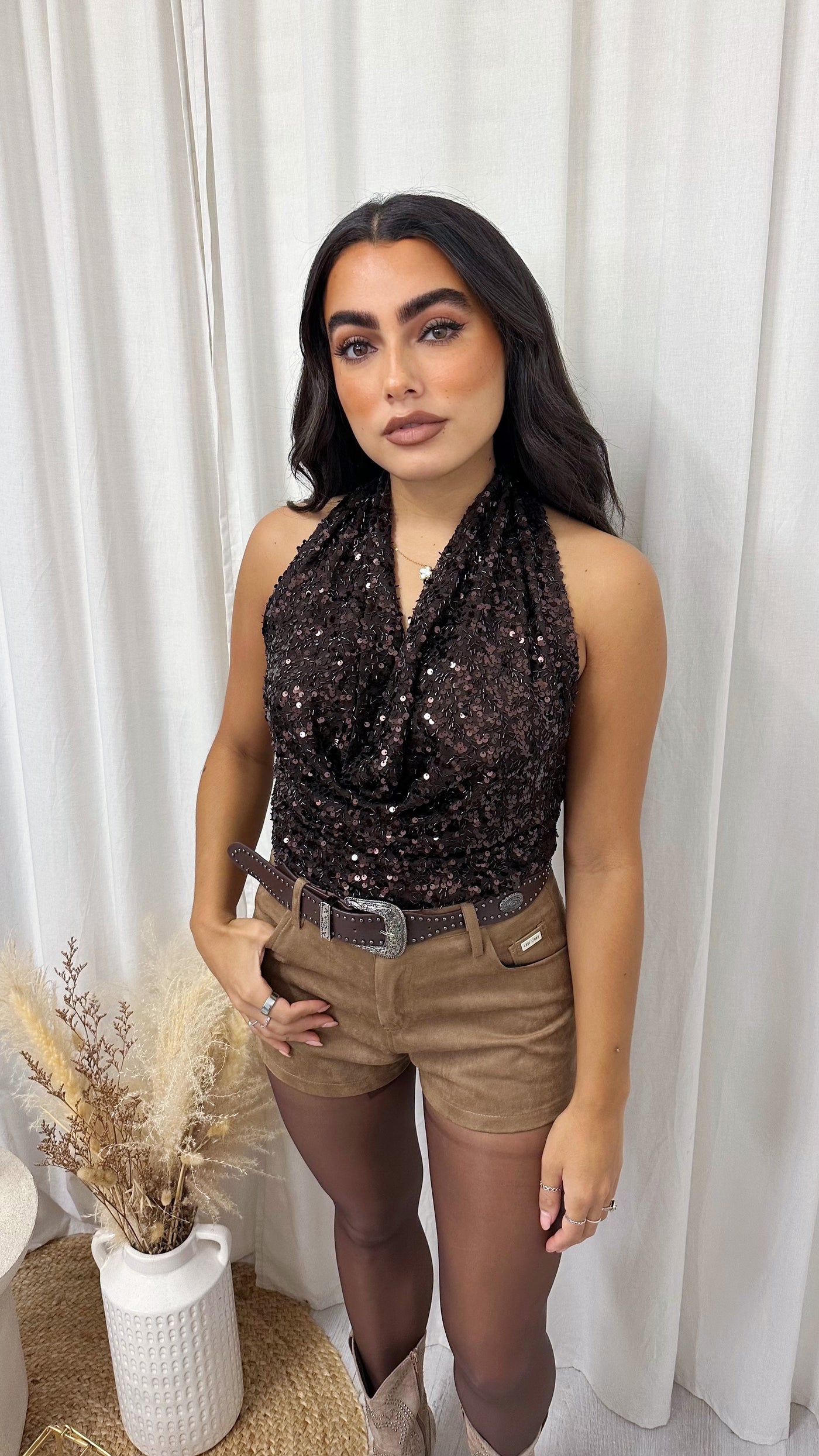 Western Belt High Waist Suede Shorts - BEIGE