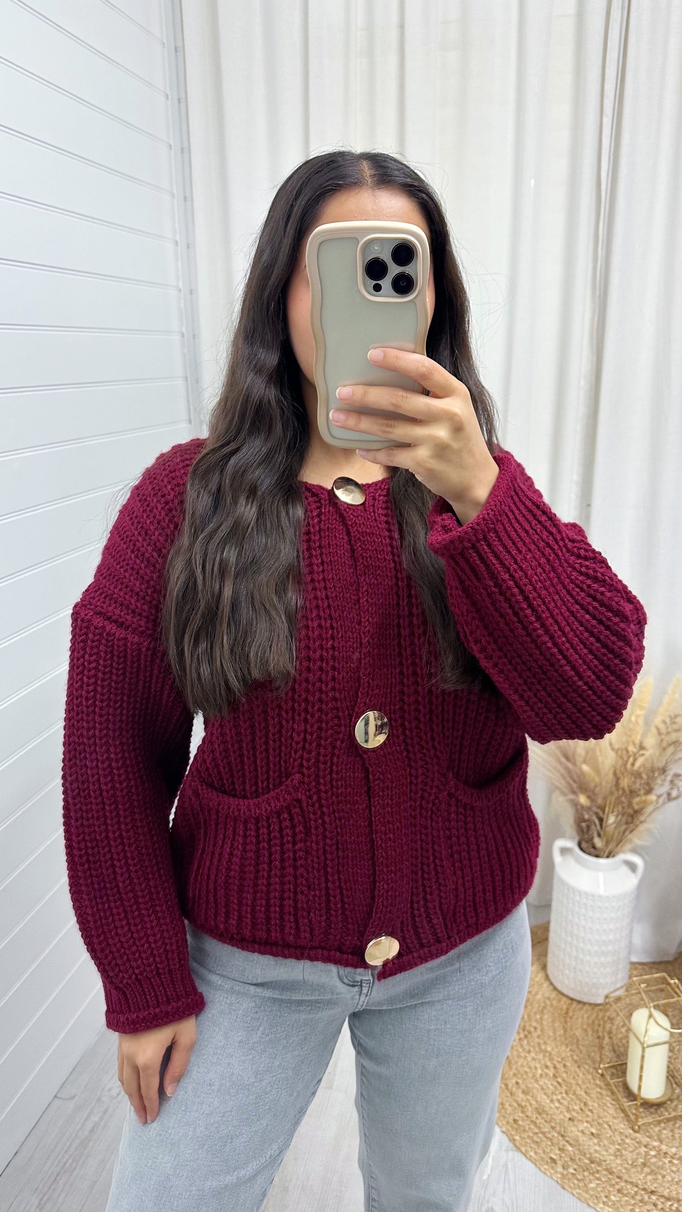 Chunky Knit Gold Button Cardigan - WINE